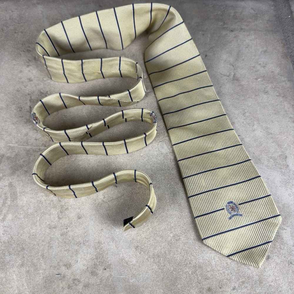 Tommy‎ Hilfiger Tie Gold 100% Silk Striped Monogram Logo Insignia 4"